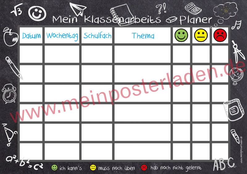 Klassenarbeitsplaner - behalte den Überblick bei Klassenarbeiten oder Test´s - mit Smiley-Ampelsystem - Lernerfolgserlebnis für das Kind - wiederbeschreibbar