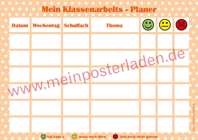 Klassenarbeitsplaner - behalte den Überblick bei Klassenarbeiten oder Test´s - mit Smiley-Ampelsystem - Lernerfolgserlebnis für das Kind - wiederbeschreibbar