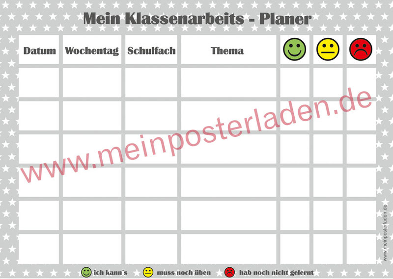 Klassenarbeitsplaner - behalte den Überblick bei Klassenarbeiten oder Test´s - mit Smiley-Ampelsystem - Lernerfolgserlebnis für das Kind - wiederbeschreibbar