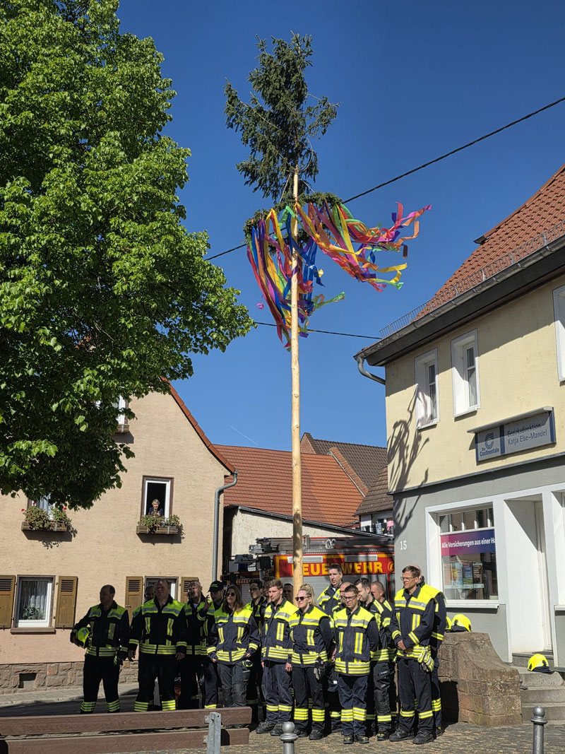 Der Maibaum steht - Dank an die Feuerwehr; Foto: Michael Göllner