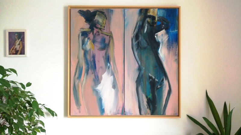 Die Königin von Saba, 60 x 80 cm, Ölbild, 2 nackte Frauen die nach links schauen