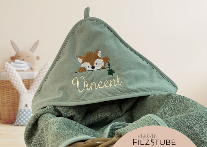 Kapuzenhandtuch Babygeschenk Kapuzenbadetuch Babyfuchs Fuchs personalisierbar Name Geschenk Neugeborene Taufe Geburt Geburtstag Weihnachten Mädchen Junge