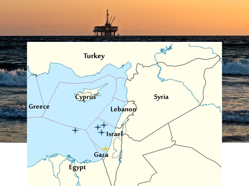 The location of \sraeli and Egyptian producing fields in the Levant Basin of Eastern Mediterranean including Tamar, Leviathan, Karish & Tanin and Zohr in blue, as well as the obsolete Yam Tethys project in orange (edited map by NordNordWest).