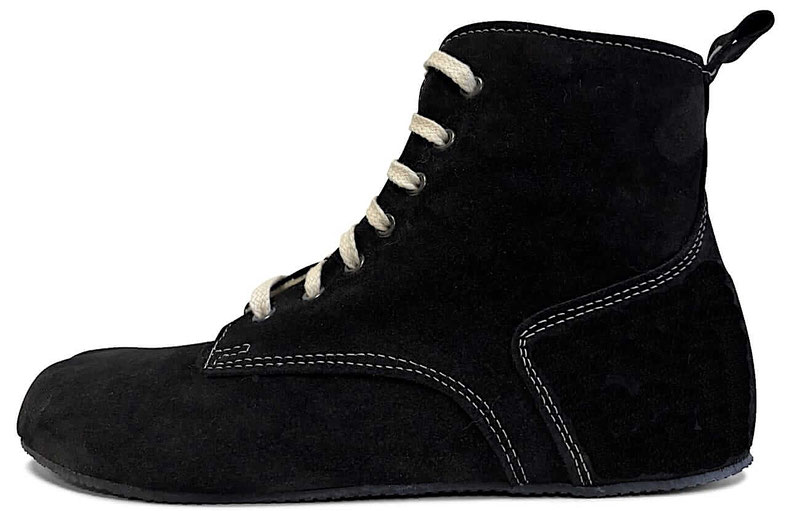 Barfußschuh für Einsteiger aus chocolate Wildleder mit beigen Nähten