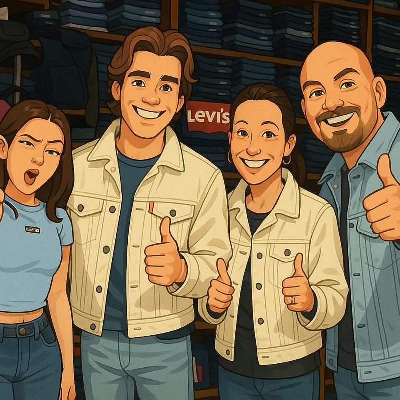 Comic-Grafik des Teams von Jeansshop 33, zwei Frauen und zwei Männer in Jeanswear mit hochgehobenem Daumen
