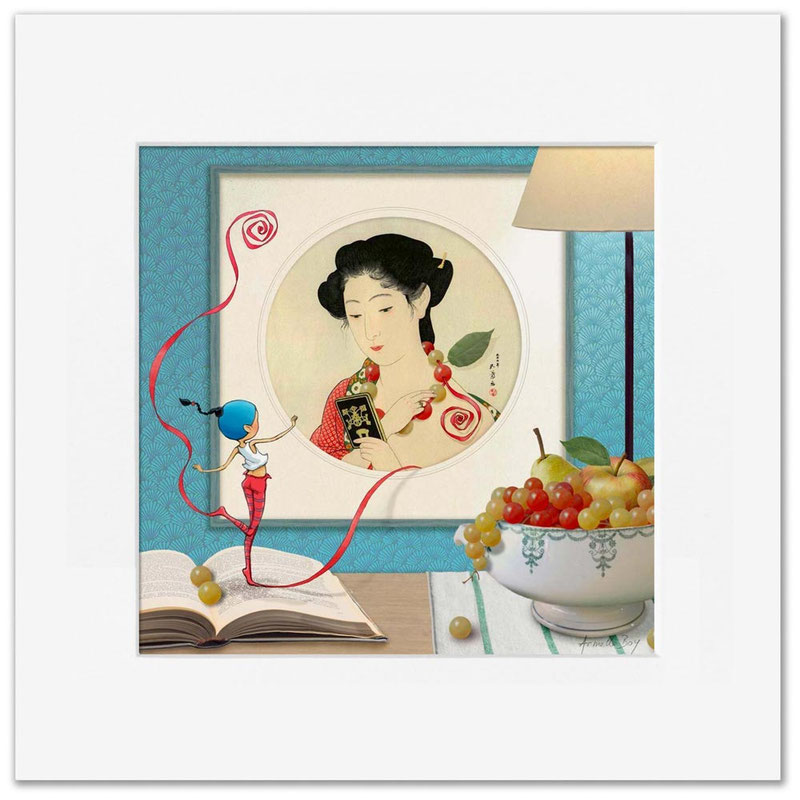 Illustration "Le collier". Timeliot confectionne un collier de grains de rinsin à la femme d'une estampe japonaise