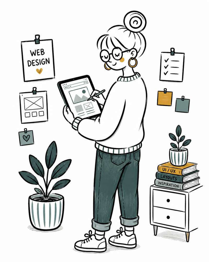 Illustrierte Frau mit Brille und Dutt gestaltet eine Website auf einem Tablet – Webdesign und Beratung in Alsfeld