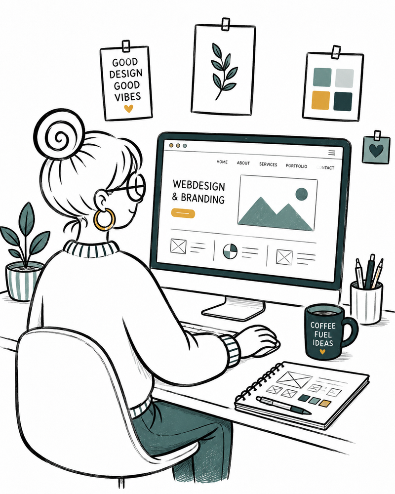 Illustrierte Designerin erstellt eine Website mit Branding-Elementen am Computer – Webdesign und Website-Erstellung in Hessen