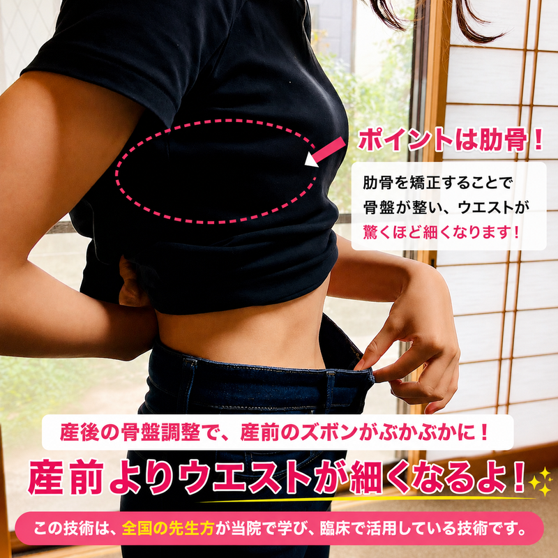 産後骨盤矯正ビフォーアフター 産前のズボンのウェストがぶかぶかになった施術前後比較｜あおぞら整体院