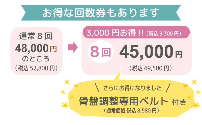 お得な回数券もあります。通常８回48,000円のところ、８回45,000円！