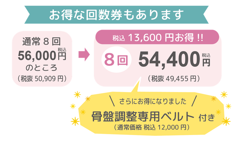 お得な回数券もあります。通常８回56,000円のところ、８回54,400円！
