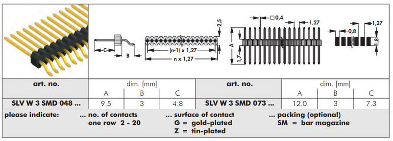 SLV W 3 SMD | 1.27mmピッチ | 表面実装用ピンヘッダ | ライトアングル | Fishcer Elektronik