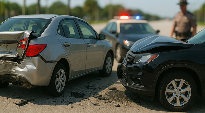 アメリカの道路で発生した追突事故の現場写真。日本人ドライバーの間でも多い「信号待ちで後ろから追突される」ケースで、前方不注意が主な原因。事故時はドライブレコーダーの有無に関わらず、警察への通報・現場記録・保険会社への連絡など適切な対応が必要