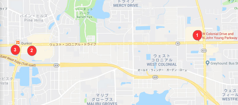 オーランドのアジア系マーケット地図。コロニアル・ブルバードとジョン・ヤング・パークウェイ周辺に位置するロッテ・マーケット、エンソン・マーケット、ニュー・ゴールデン・スパークリング・スーパーマーケットの場所を示すマップ