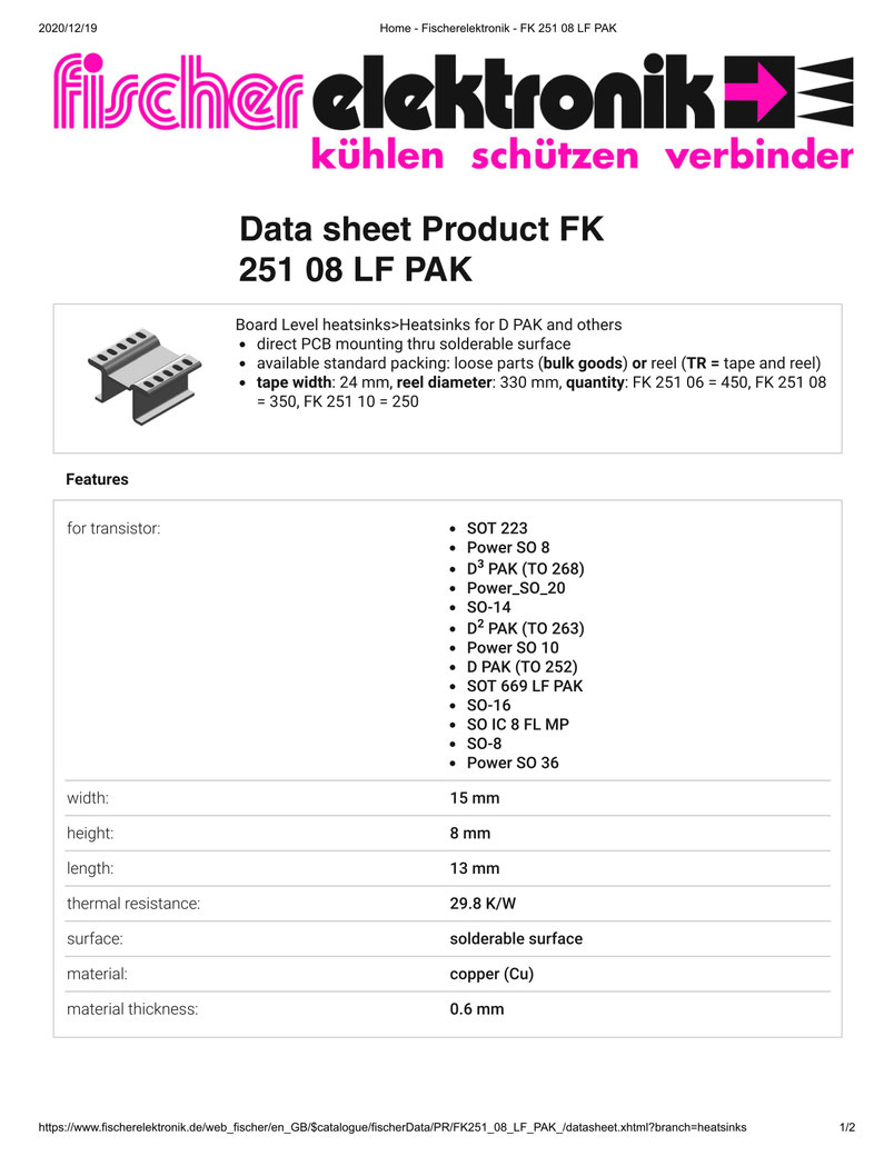 FK 251 08 LF PAK Fischer 表面実装用ヒートシンク