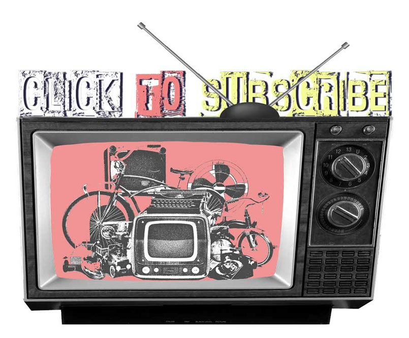 Graphic of old TV linking to student's English language video tutorials channel with words ‘Click to Subscribe’