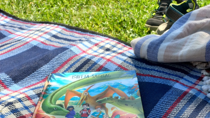 Buch Die Dinoschule liegt auf einer Picknickdecke, die auf einer grünen Wiese liegt. Sandalen und Strandtuch liegen daneben.