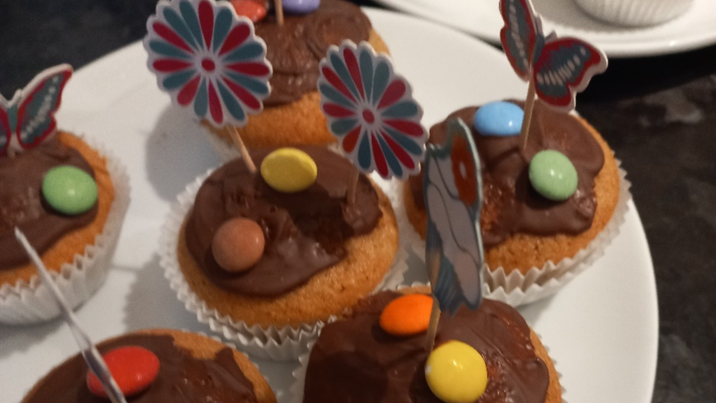 Muffins mit Schokoglasur und Smarties sind mit Fähnchen auf einem Teller angerichtet, von oben zu sehen