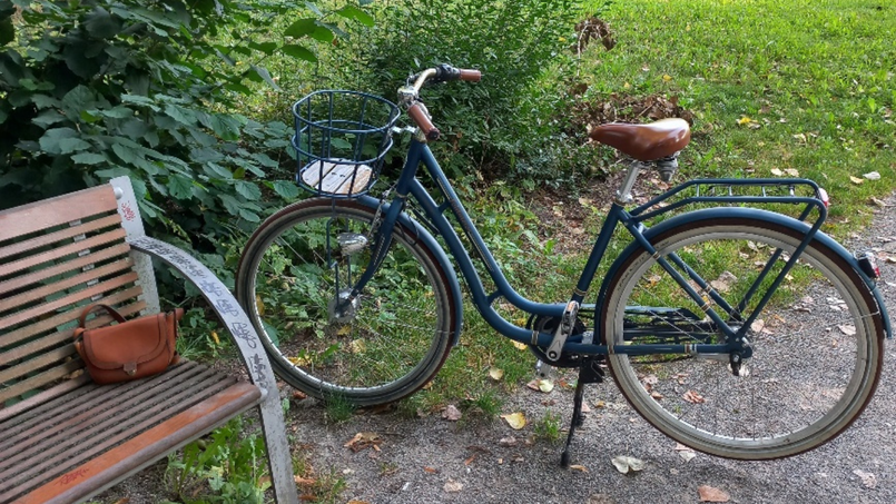 Blaugraue Fahrrad mit braunem Ledersattel und Korb vorne steht neben einer Sitzbank, auf der eine kleine braune Ledertasche liegt. Dahinter sind grüne Büsche.