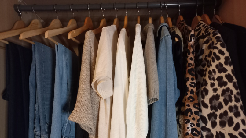 Oberteile und Hosen hängen auf Bügel an einer Kleiderstange im Schrank. Sie sind creme, weiß, beige, leo und farblich gut aufeinander abgestimmt.