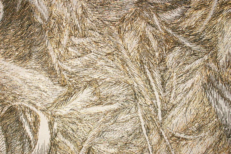 Close up "THE GOLDEN LABYRINTH" / with 24 carat Gold galvanized metal staples, stapled on wood with white canvas
