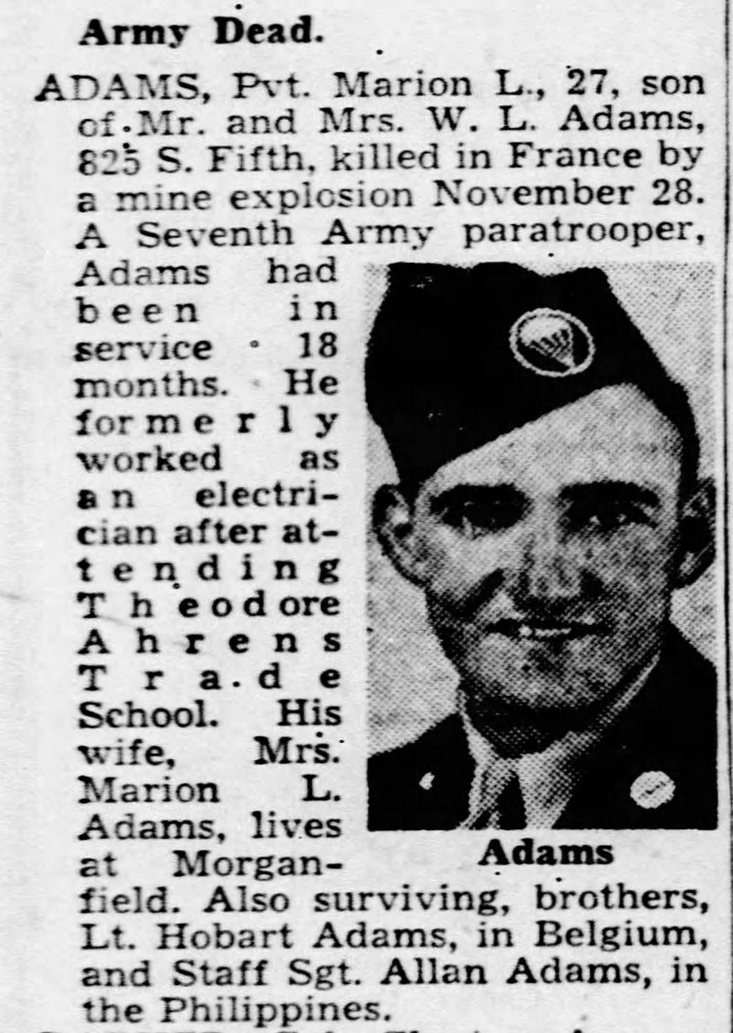 ADAMS Marion L., Pvt, 460th Parachute Field Artillery Battalion