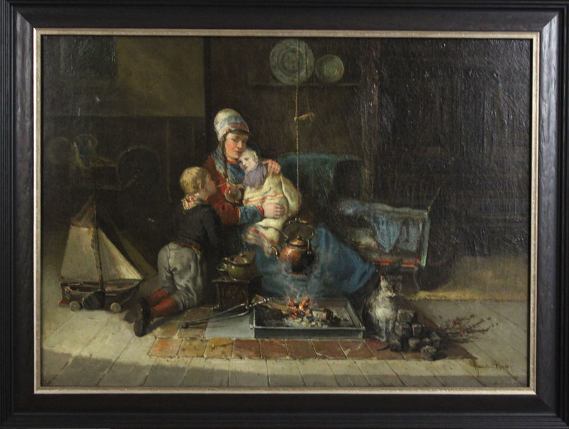te_koop_aangeboden_een_interieur_schilderij_met_moeder_en_kinderen_van_de_nederlandse_kunstschilder_jan_jacob_lodewijk_ten_kate_1850-1929