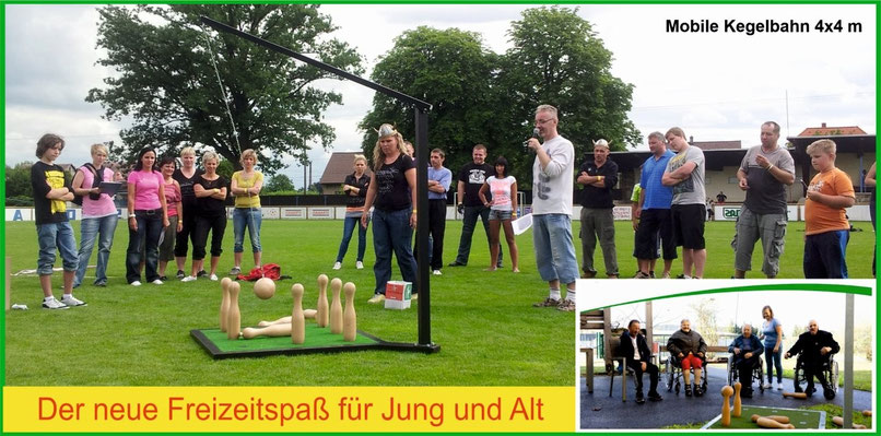 Junge und ältere Menschen sowie Rollstuhlfahrer kegeln an der mobilen Kegelbahn und haben großen Spaß