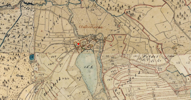 Karte: Geografische Lage des Erdstalls (Basis Geoportal Bayern, historische Karte)