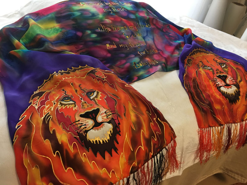 Silk Scarf with Two Majestic Lions, an epic battle of colors streaming from the Bible verse, Psalm 144:1