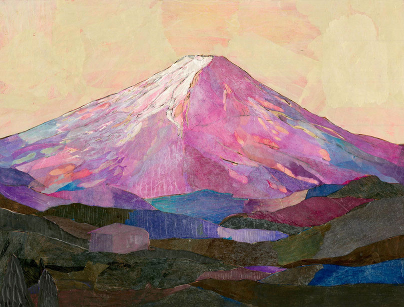 掲載作「あかね富士に想う」290×380mm /板絵 ( ウッドバーニング・和紙コラージュ )