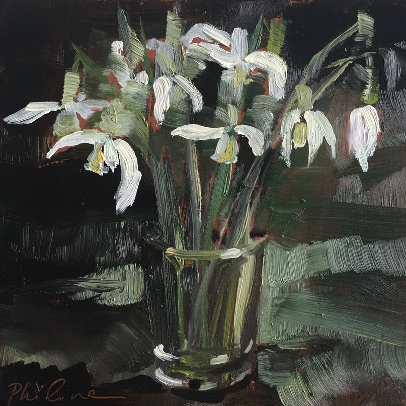"Snowdrops in a glass", oil painting on panel 15x15 cm by Philine van der Vegte