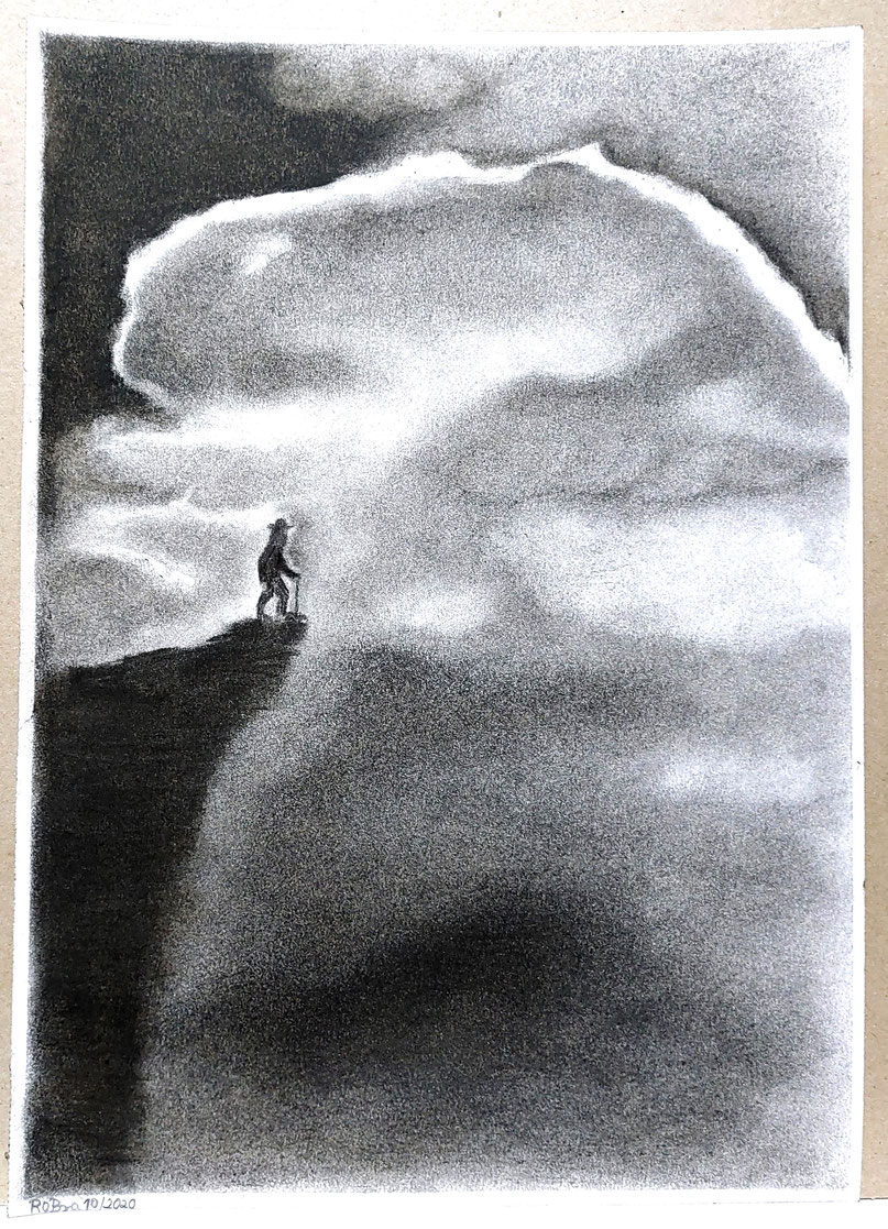 „der späte Wanderer, Kohle auf Zeichenpapier, 21 cm x 29,7 cm