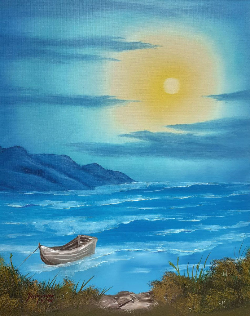 Landschaftsbilder gemalt: Sonnenuntergang am Meer, Ölgemälde 40 x 50 cm. Meerbilder gemalt. Sommerbilder gemalt by Daninas-Kunst-Werkstatt.at.