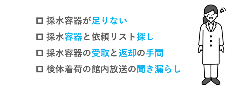 LDS環境Solution 分析管理システム 採水容器が足りない 採水容器と依頼リスト探し 採水容器の受取と返却の手間 検体着荷の館内放送の聞き漏らし