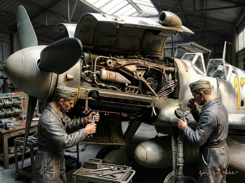 Fine Aviation Art A.I. : "Augsburg eagle " maintenance model time ! Me 109 G2 R/6 Trumpeter kit 1/24 scale model based.