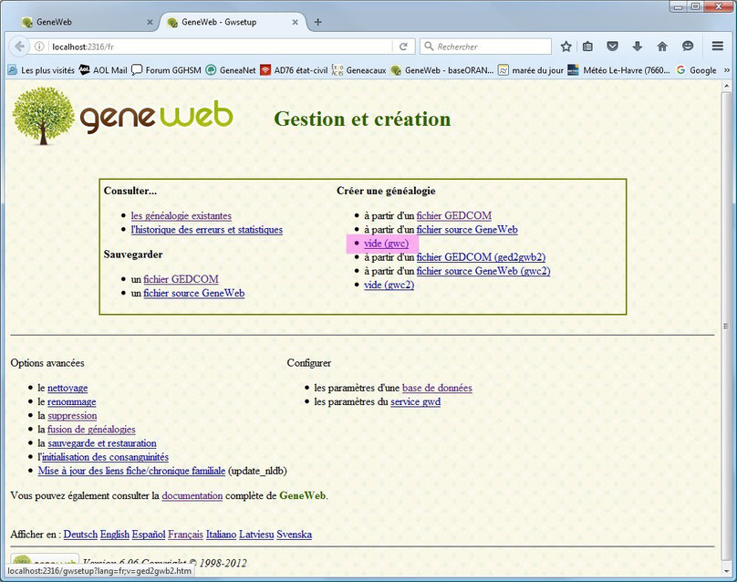 GeneWeb 6.06 gestion et création vide