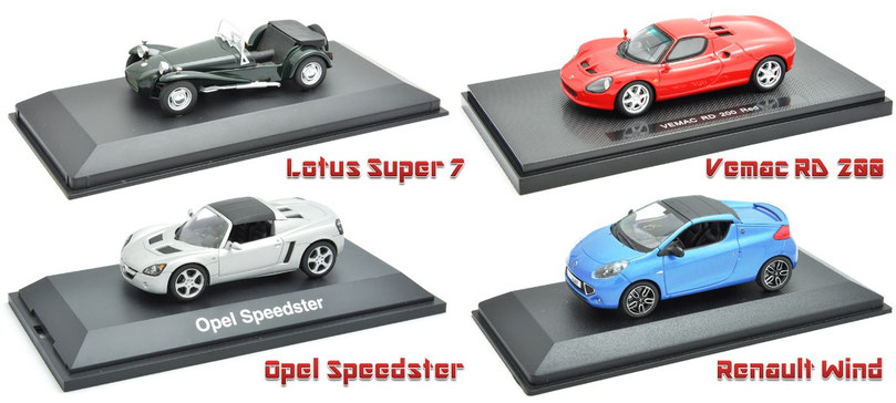 1/43 Lotus Super 7, Vemac RD 200, Opel Speedster, Renault Wind ロータス・スーパー７、ヴィ―マックRD200、オペル・スピードスター、ルノー・ウィンド