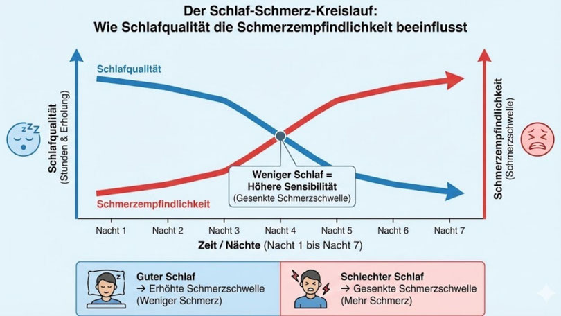 Infografik: Wie Schlafmangel die Schmerzempfindlichkeit im Nervensystem erhöht.