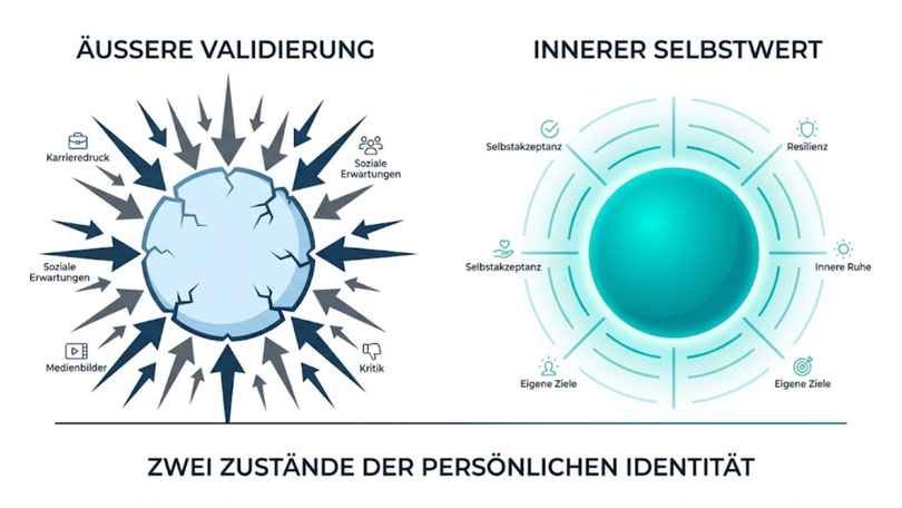Gegenüberstellung von einem instabilen, leistungsabhängigen Selbstwert und einer gesunden, inneren Selbstführung.