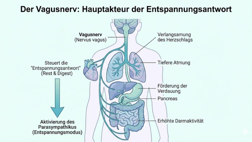 Anatomische Darstellung des Vagusnervs als Teil des parasympathischen Nervensystems zur Schmerzreduktion.