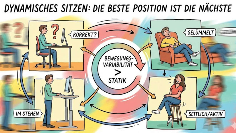 Illustration zum dynamischen Sitzen: Die beste Sitzposition ist immer die nächste.