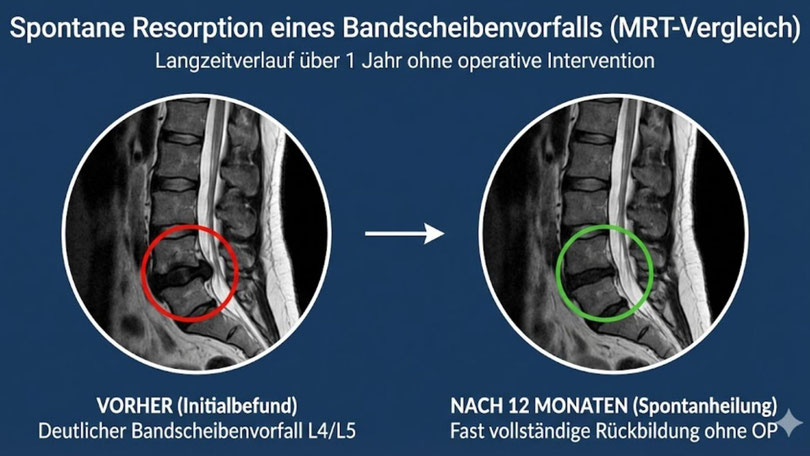 MRT-Vergleich zeigt die spontane Heilung (Resorption) eines Bandscheibenvorfalls über 12 Monate.