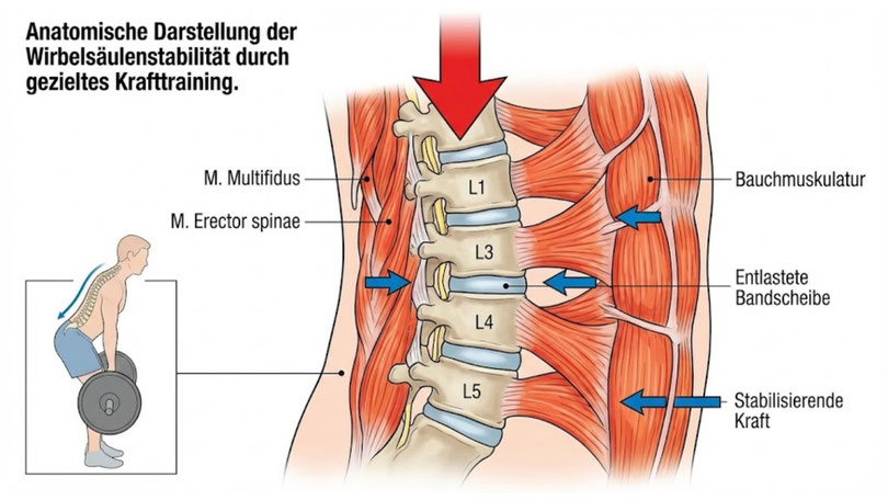 Anatomische Darstellung der Wirbelsäulenstabilität durch gezieltes Krafttraining.