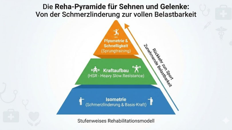Die Reha-Pyramide für Sehnen und Gelenke: Von der Schmerzlinderung zur vollen Belastbarkeit.