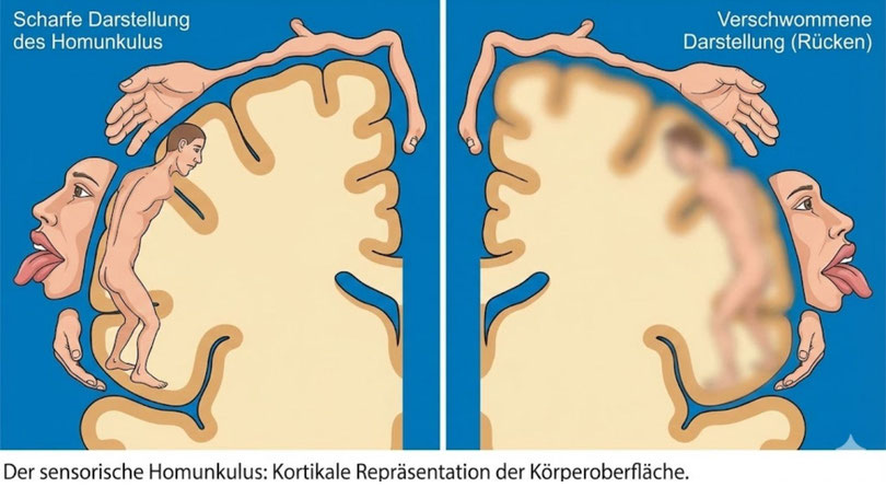 Der sensorische Homunkulus im Gehirn und das Phänomen des Cortical Smudging bei chronischen Schmerzen.