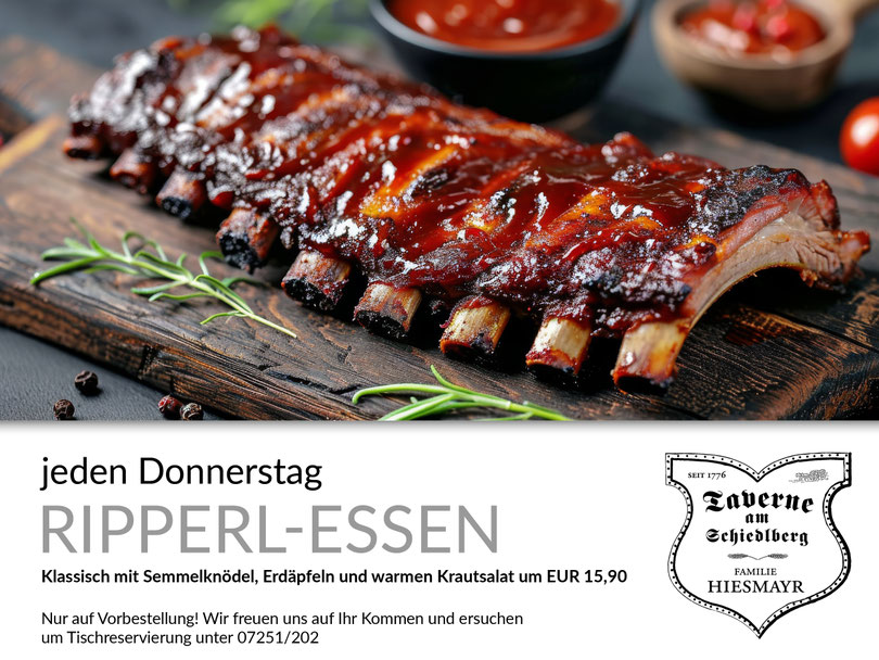 RIPPERL-ESSEN - Jeden Donnerstag (klassisch mit Semmelknödel, Erdäpfeln und warmen Krautsalat um EUR 15,90)