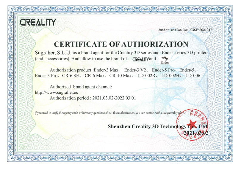 Autorización Sugraher Distribuidor Oficial Creality
