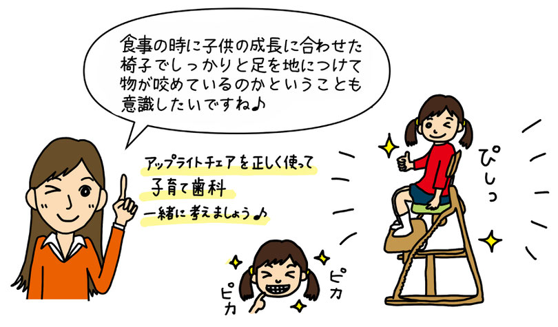 食事の時に子供の成長に合わせた椅子でしっかりと足を地につけて、物が咬めているのかということも意識したいですね。