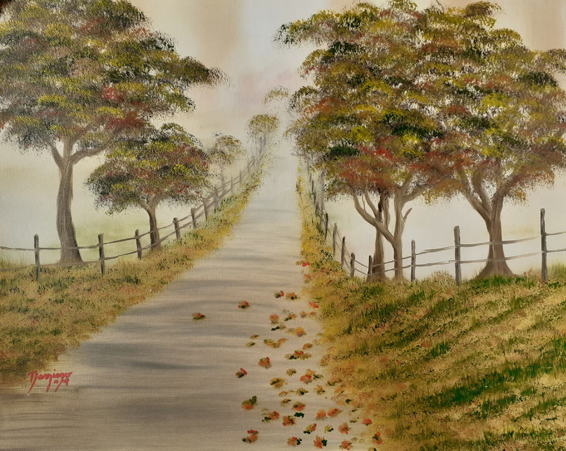 Gemalte Landschaftsbilder: Herbst Allee im Nebel, Ölgemälde 50 x 40 cm. Herbstbilder gemalt by Daninas-Kunst-Werkstatt.at.